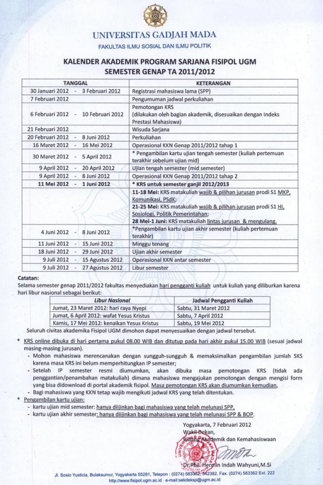 Kalender Akademik Semester Genap 2011-2012  FAKULTAS ILMU SOSIAL DAN ILMU POLITIK UNIVERSITAS 